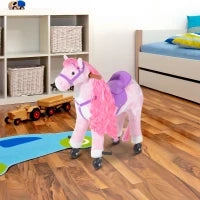 Cavallo a Dondolo per Bambini 2+ Anni con 4 Rotelle, Suoni Realistici e Poggiapiedi, 65x28x75 cm, Rosa