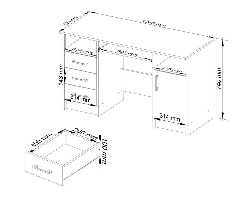 Scrivania AKORD ANA Wengé 124 cm 1 anta 3 cassetti 124x52x74 cm