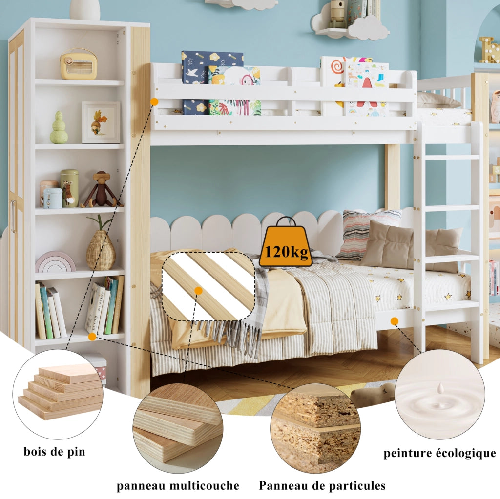 Letto a castello per bambini 90x200 cm con armadio laterale; scala a 4 gradini; bianco/naturale