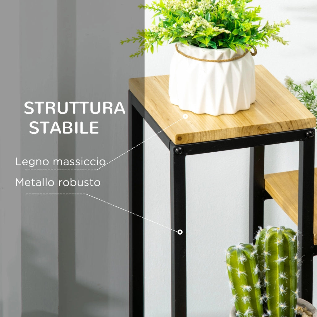 Scaffale per Piante a 4 Livelli 34x34x66 cm per Interni ed Esterni in Metallo e Legno
