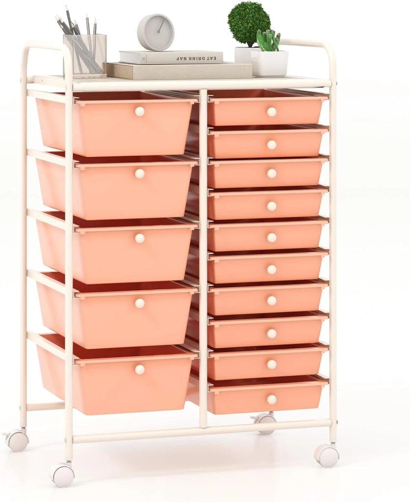 Carrello con 15 Cassetti Impilabili, Carrello di Stoccaggio con Ruote, Carello Portaoggetti per Casa e Ufficio, 62,5 x 37 x 87 cm (Arancia)