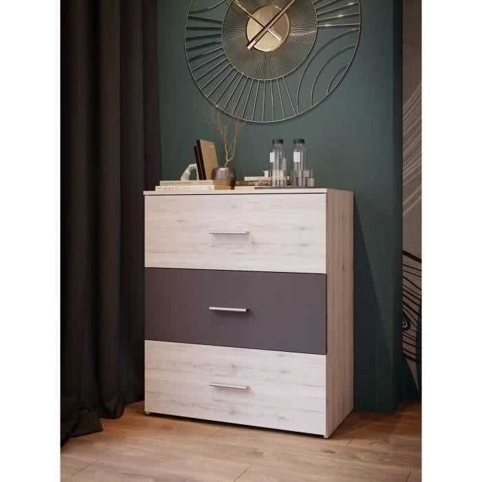 Cassettiera - ADRIA - 3 cassetti - Rovere cenere / Grigio chiaro - 75,2 x 41,3 x 89,7 cm