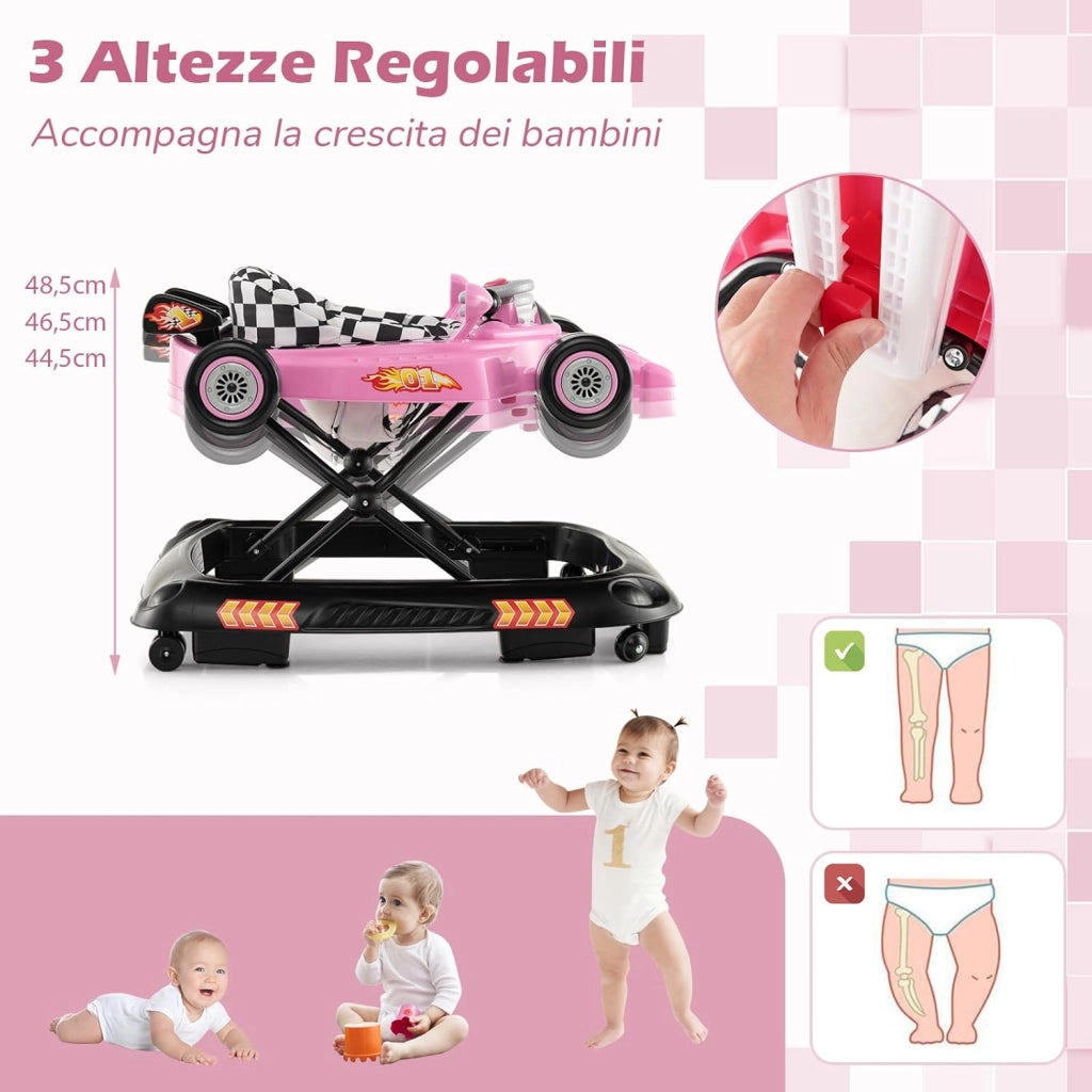 4 in 1 Girello per Bambini, Primi Bassi per Neonati con Altezza Regolabile, Girello Pieghevole con Vassoio Rimovibile, Musica e Luci, per Bambini 6+ Mesi (Rosa)
