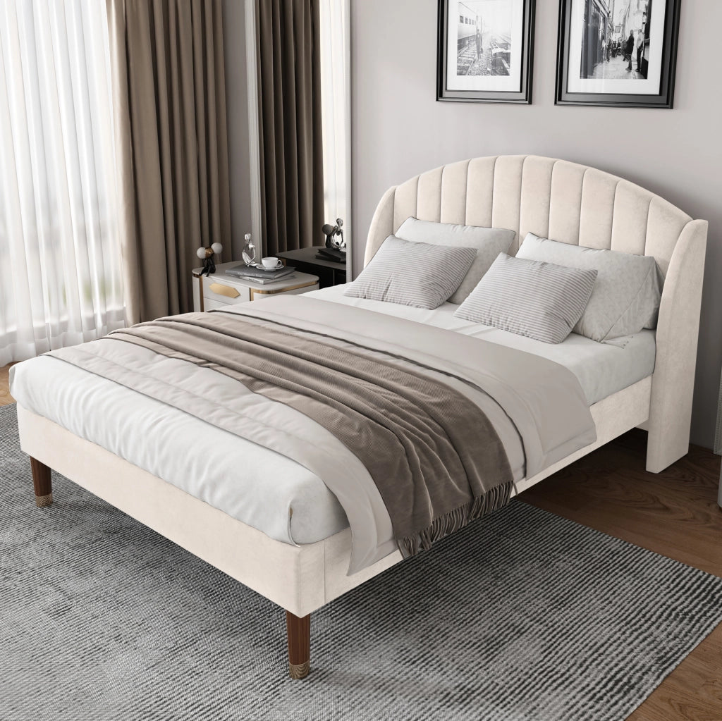 Letto imbottito 140x190 cm con sommier a doghe; testiera e rivestimento in velluto beige