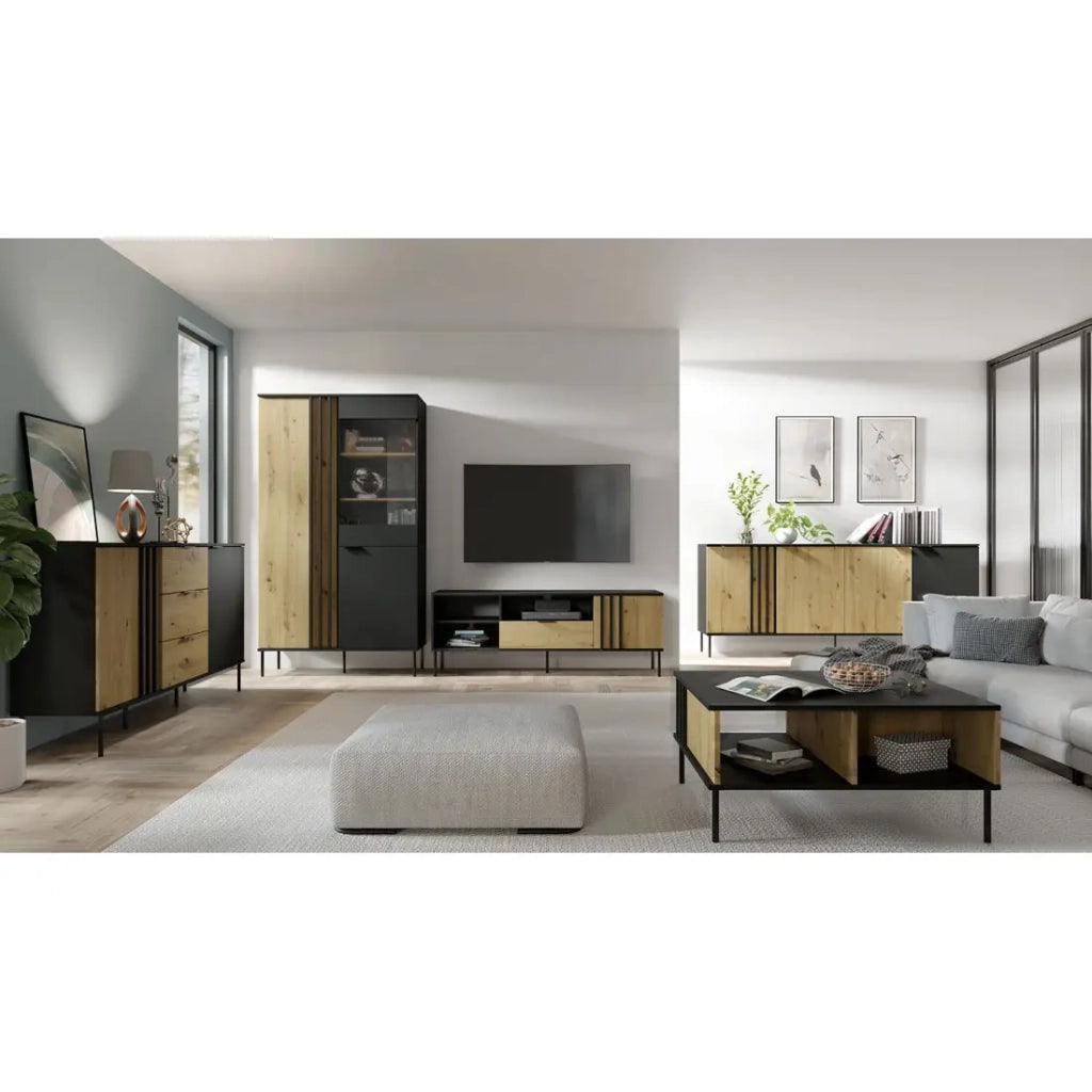 Buffet design IZO – 2 porte & 3 cassetti – Nero onice & Rovere chiaro – 165x92x40 cm