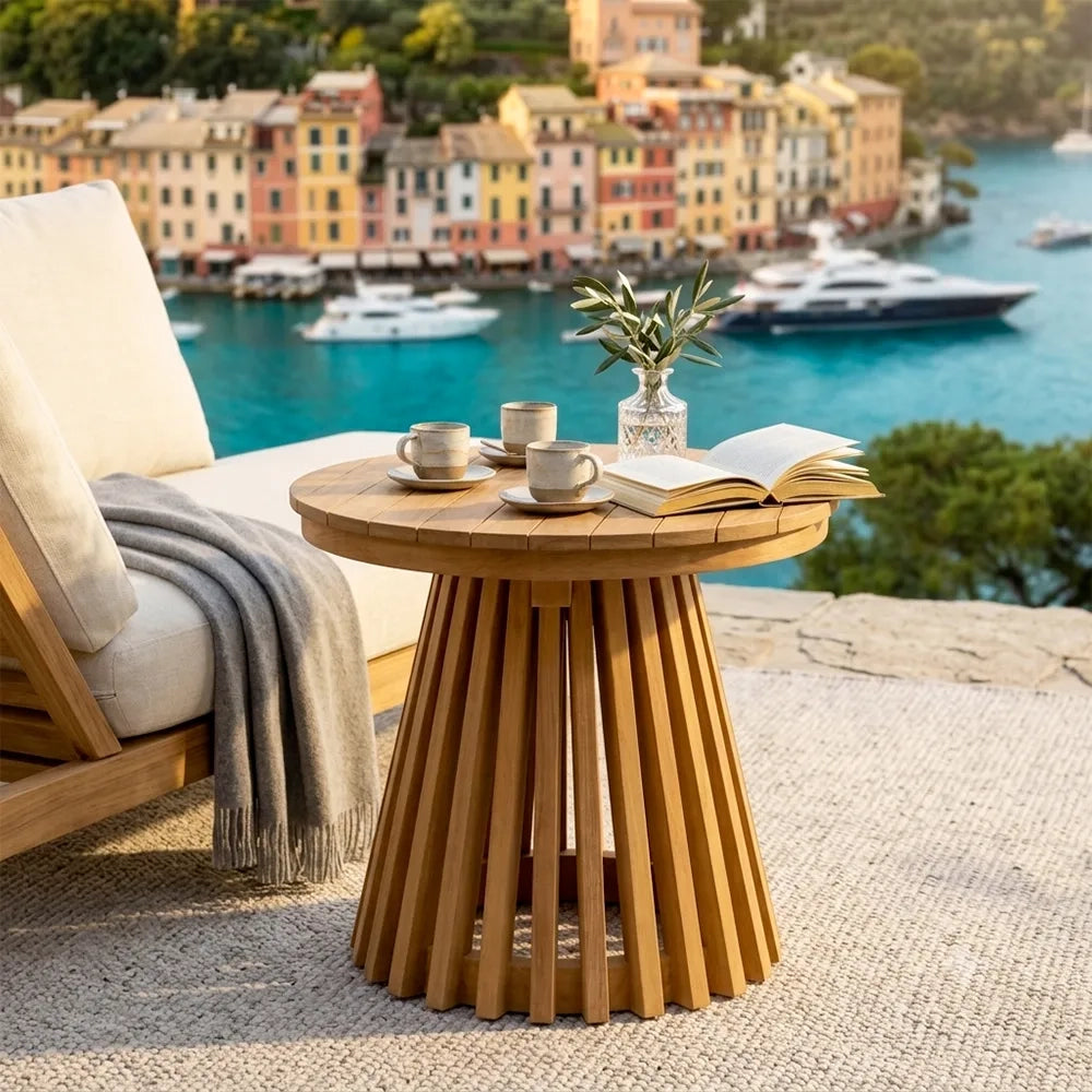 Tavolino da Giardino Rotondo in Legno Teak Massello con Base a Listelli – Bodrum