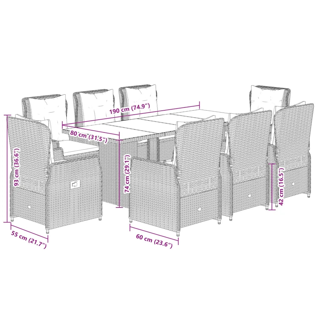 Set da Pranzo da Giardino 9 pz con Cuscini Beige in Polyrattan