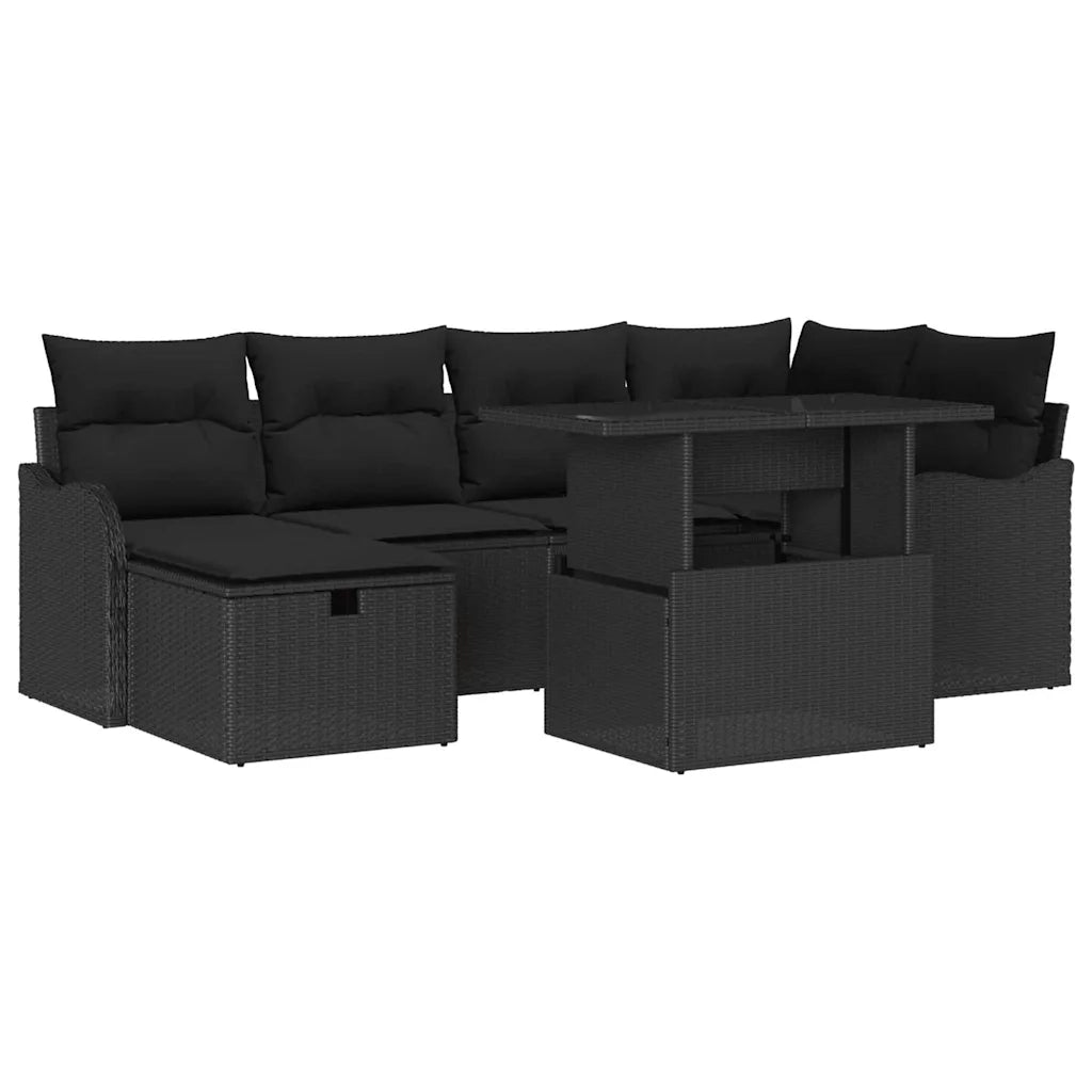 Set Divano da Giardino con cuscino 7 pcs Nero Poly Rattan