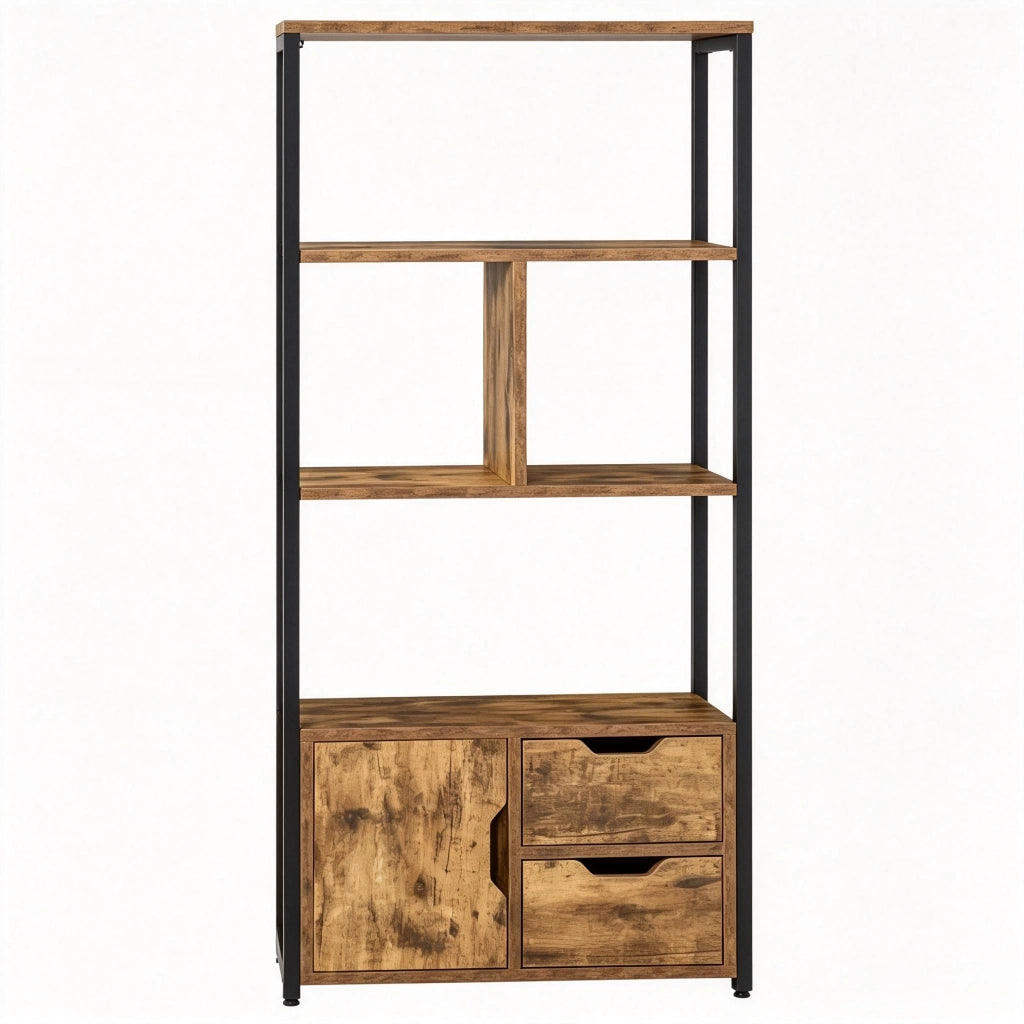 LIBRERIA 58x24x122 cm Nero ed Effetto Legno Antico con Ripiani e Armadietto
