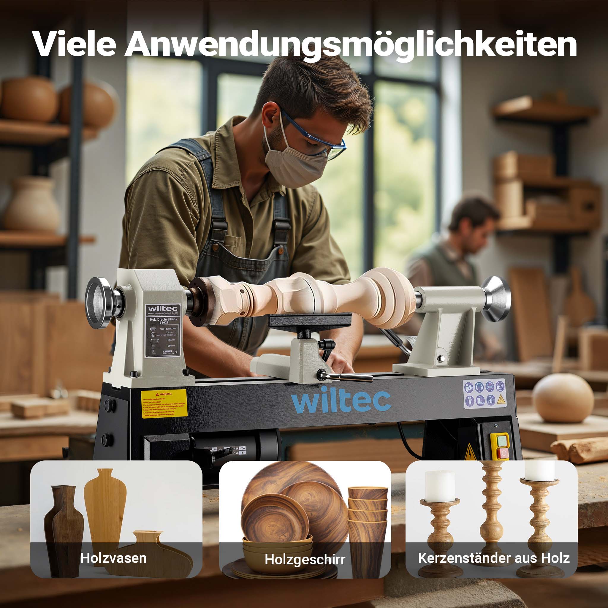 Tornio da banco per legno 370 watt, 600~2800 giri/min, Macchina da banco per tornitura