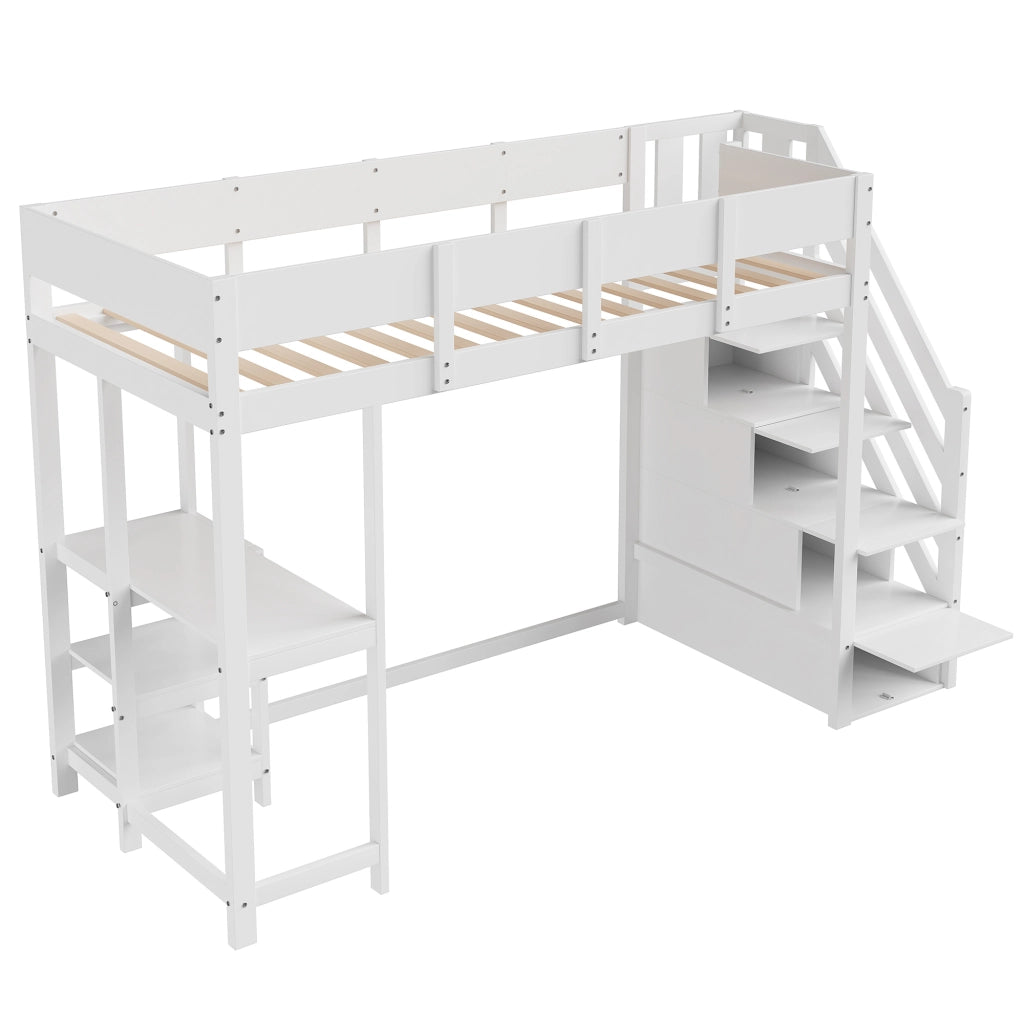 OKWISH Letto a Soppalco 90×200 cm, Letto Singolo con Scala Contenitore, Mensola e Sponde, senza Materasso, in Legno, Bianco