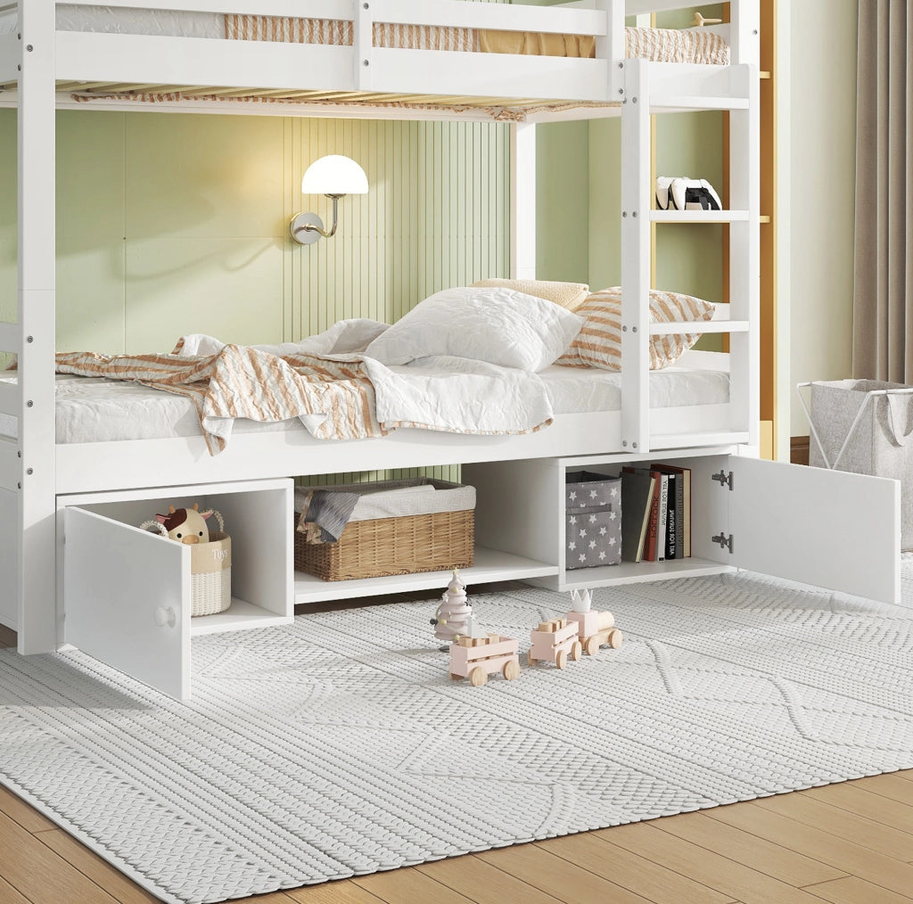 Letto a castello per bambini 90x200 cm divisibile, con ripiani e vani bianchi