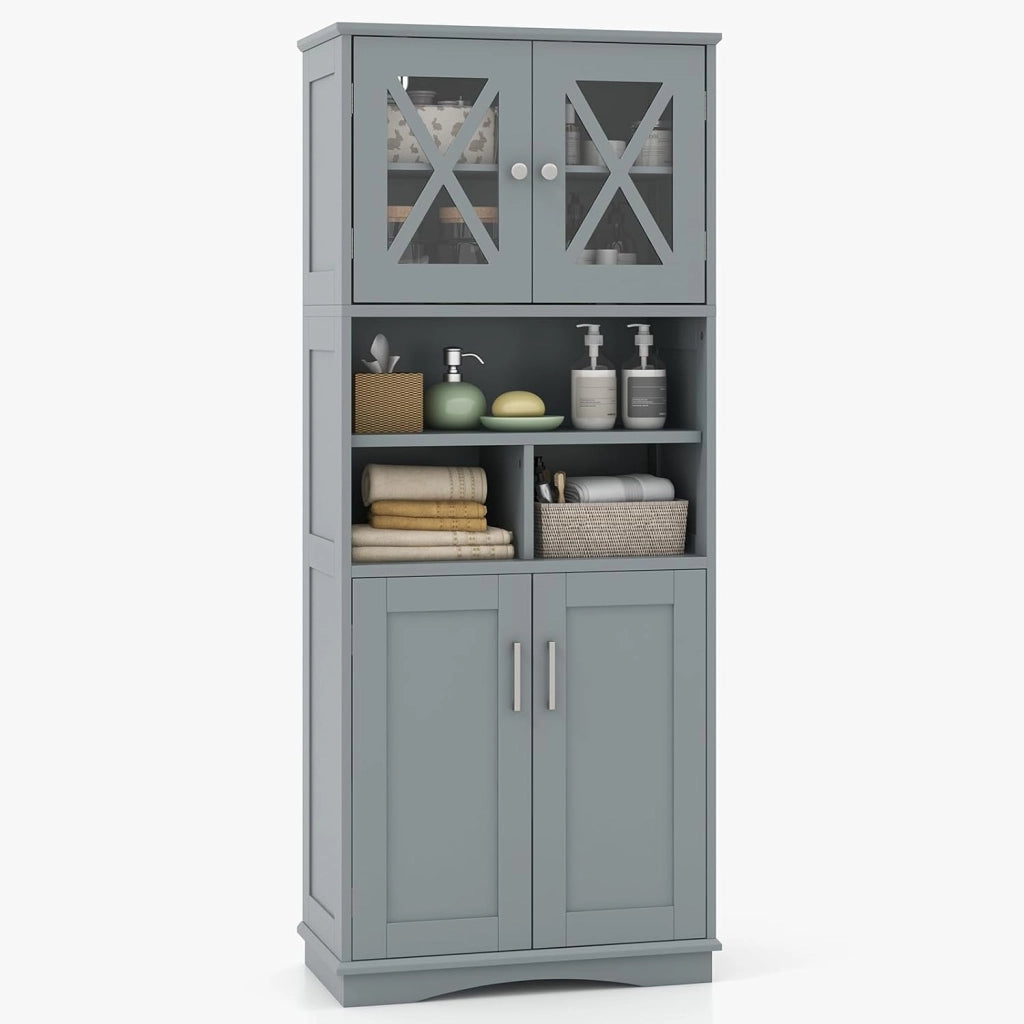 Mobile Bagno, Armadietto Salvaspazio con Porte in Acrilico, Ripiani Regolabili e Ampio Scomparto, Armadio da Terra in Legno per Soggiorno, Camera da Letto, Salotto e Cucina (Grigio)