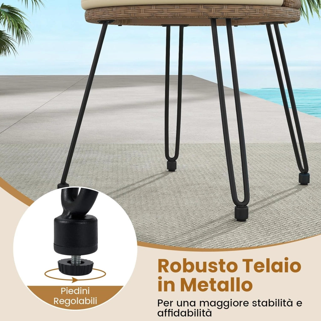 Set da Bistrò in PE Rattan 3 Pezzi, Set Conversazione con Cuscini e Tavolino da Caffè in Vetro Temperato a 2 Livelli, Mobili da Esterno con Sedie in Rattan per Balcone, Terrazza e Giardino