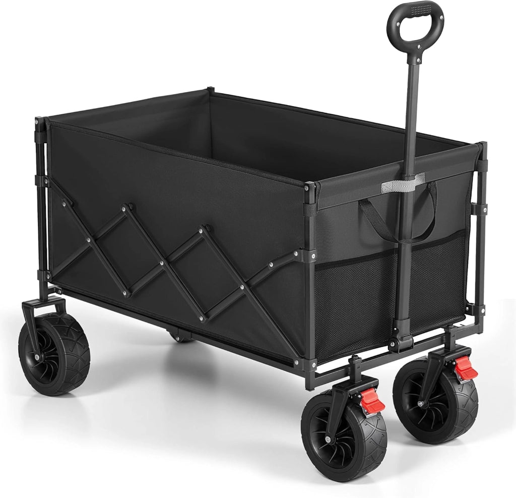 SONGMICS Carrello Pieghevole, Carrello da Giardino, con Manico, 4 Ruote Rinforzate di cui 2 Universali, per Esterni, Giardino, Portante di 180 kg, 200 L, Nero Inchiostro GFW201B101