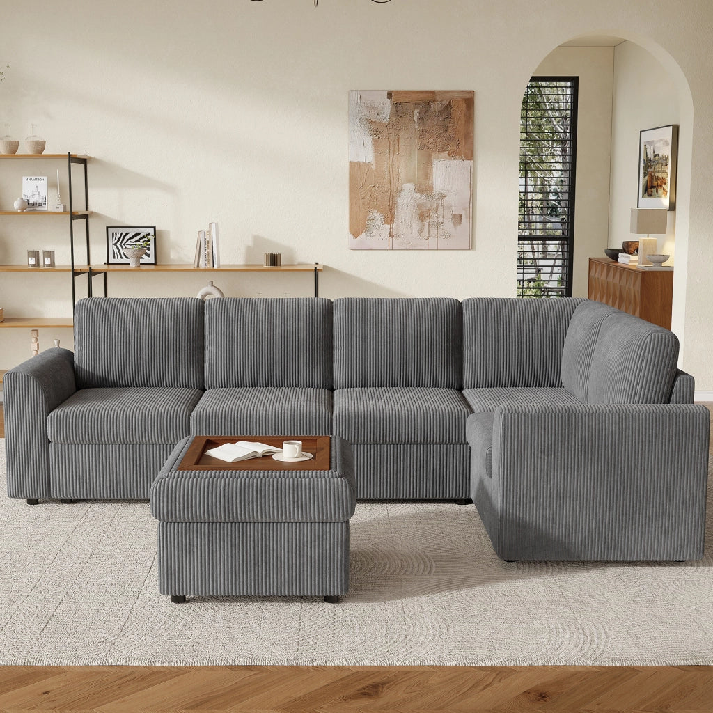 Divano Angolare con Poggiapiedi ¨C MINIMAL ¨C Velluto a Coste Grigio, 282x153x85 cm