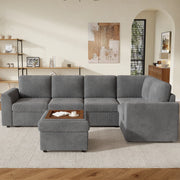 Divano Angolare con Poggiapiedi ¨C MINIMAL ¨C Velluto a Coste Grigio, 282x153x85 cm