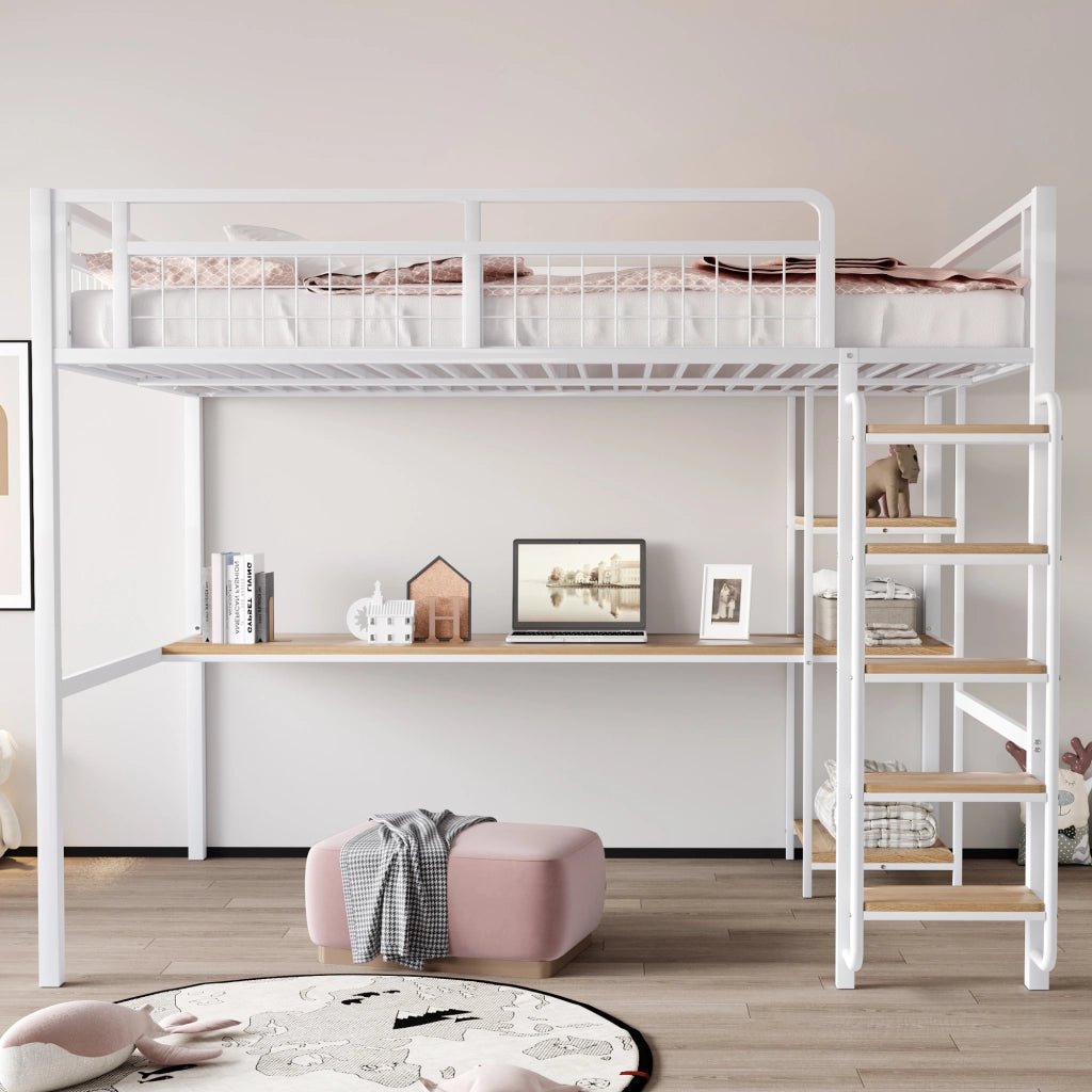 Letto a castello metallo bianco con scala di sicurezza tavolo e scaffali 140x200 cm