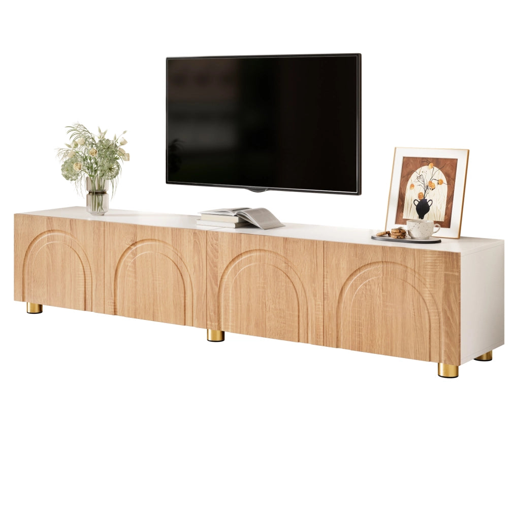 Mobile TV con 4 ante e rilievo ad arco; 180 cm; MDF e truciolare; naturale e bianco