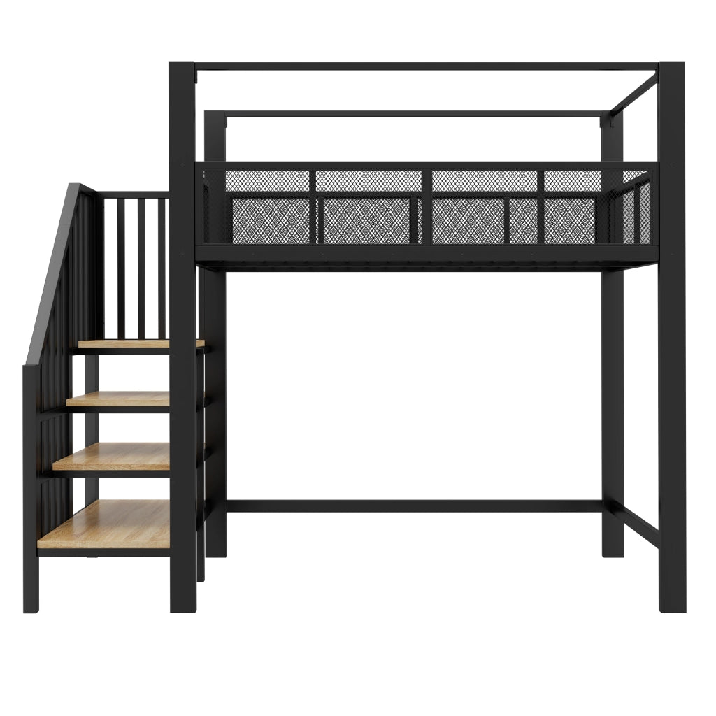 Letto a soppalco in metallo 90x200 cm con scala contenitore, struttura alta, colore nero