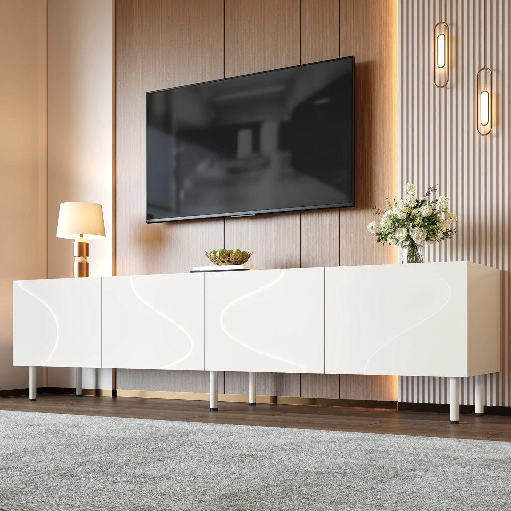 Mobile porta TV con 4 ante e funzione push-to-open, per soggiorno, in PB e MDF, bianco, 170 × 35 × 50 cm