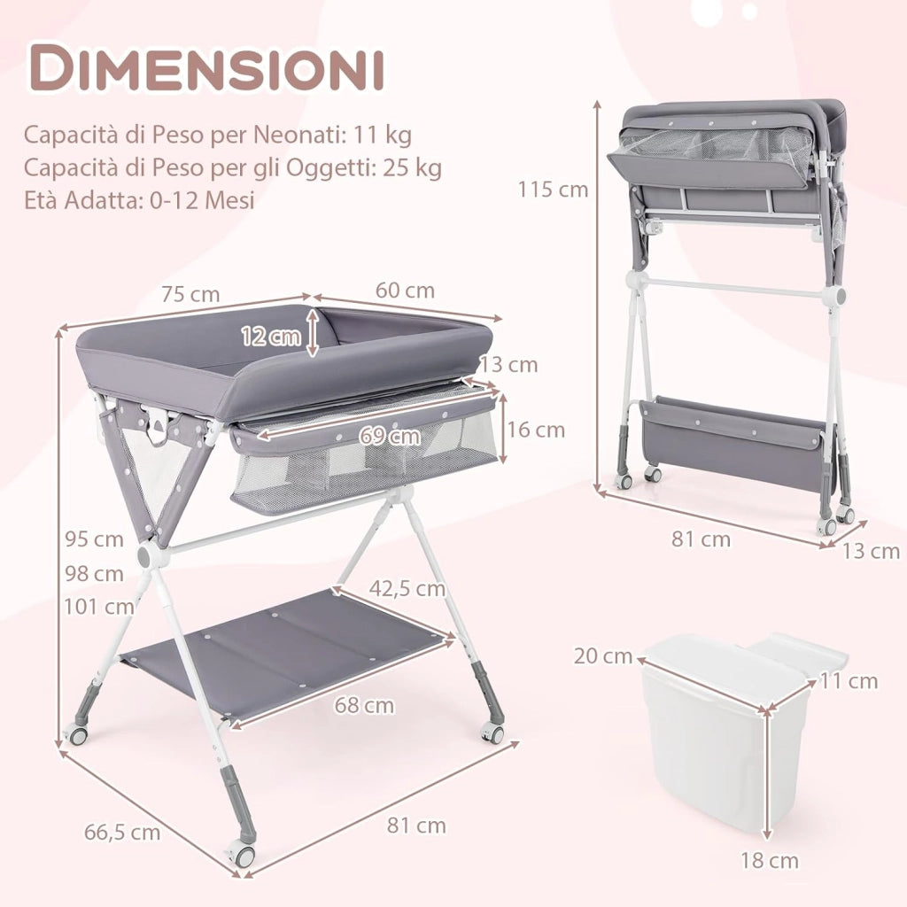 Fasciatoio Neonato Pieghevole, Fasciatoio Portatile con Altezza Regolabile a 3 Livelli, Fasciatoio Neonato con Ruote di Bloccabili, Ripiano, Porta Asciugamani, Cestino di Rifiuti (Grigio)