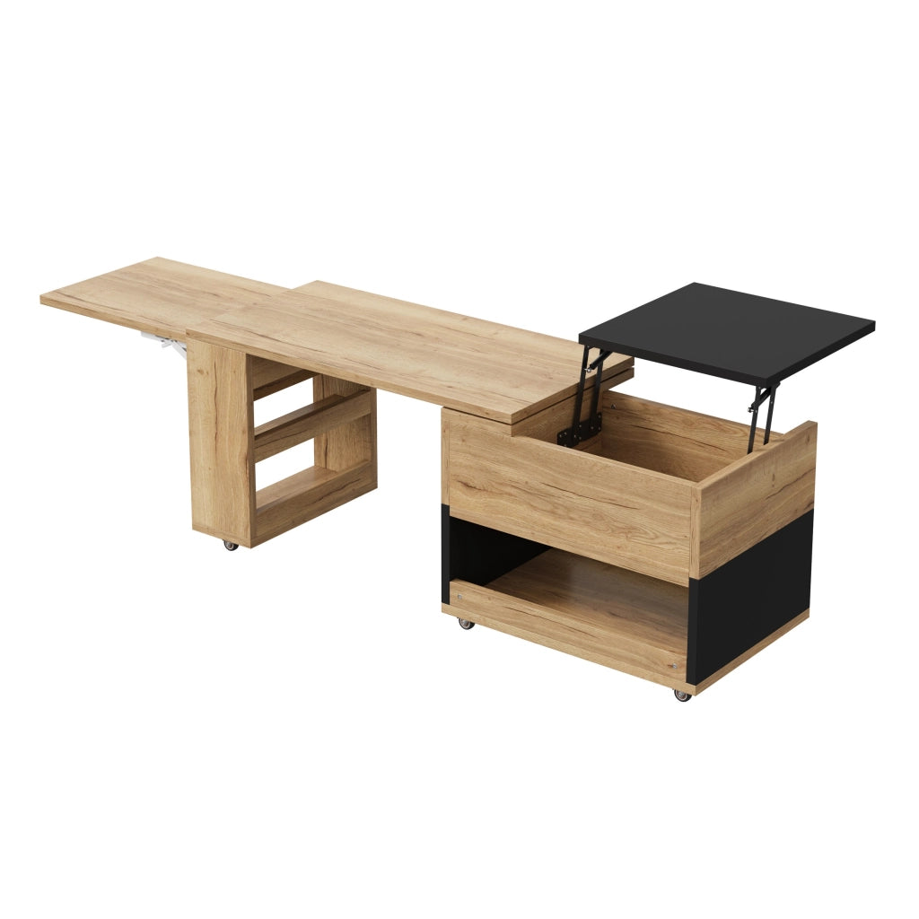 Tavolino da salotto estensibile, pannello laterale girevole a 360¡ã, piano regolabile in altezza, dotato di rotelle, disponibile nei colori legno naturale e nero