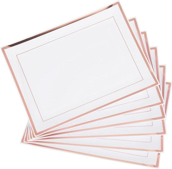 Tavolo da Pranzo 60x60 con Bordura Bianca e Bordo Rosa-oro Resistente e Riciclabile per Feste, Matrimoni, Compleanni, Battesimi e Natale