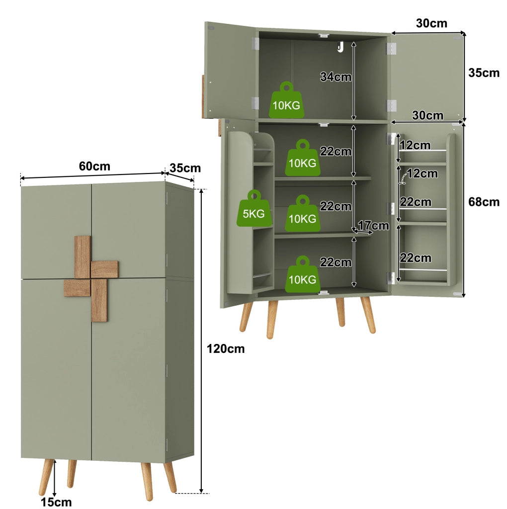 Armadio da cucina 60x35x120 cm con 4 ante e ripiani regolabili in MDF verde