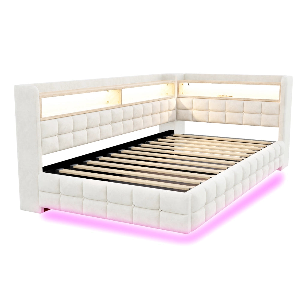 Letto singolo imbottito 90×200 cm con contenitore; LED; prese USB e Type-C; ripiani; senza materasso; beige