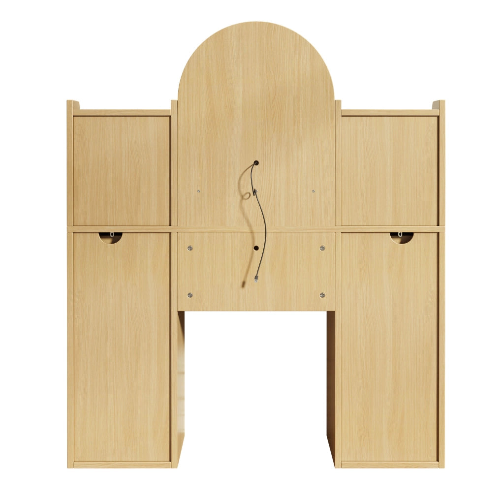 Toeletta, specchio con illuminazione a LED, 3 cassetti, 2 ante in vetro, ripiano, colore legno naturale