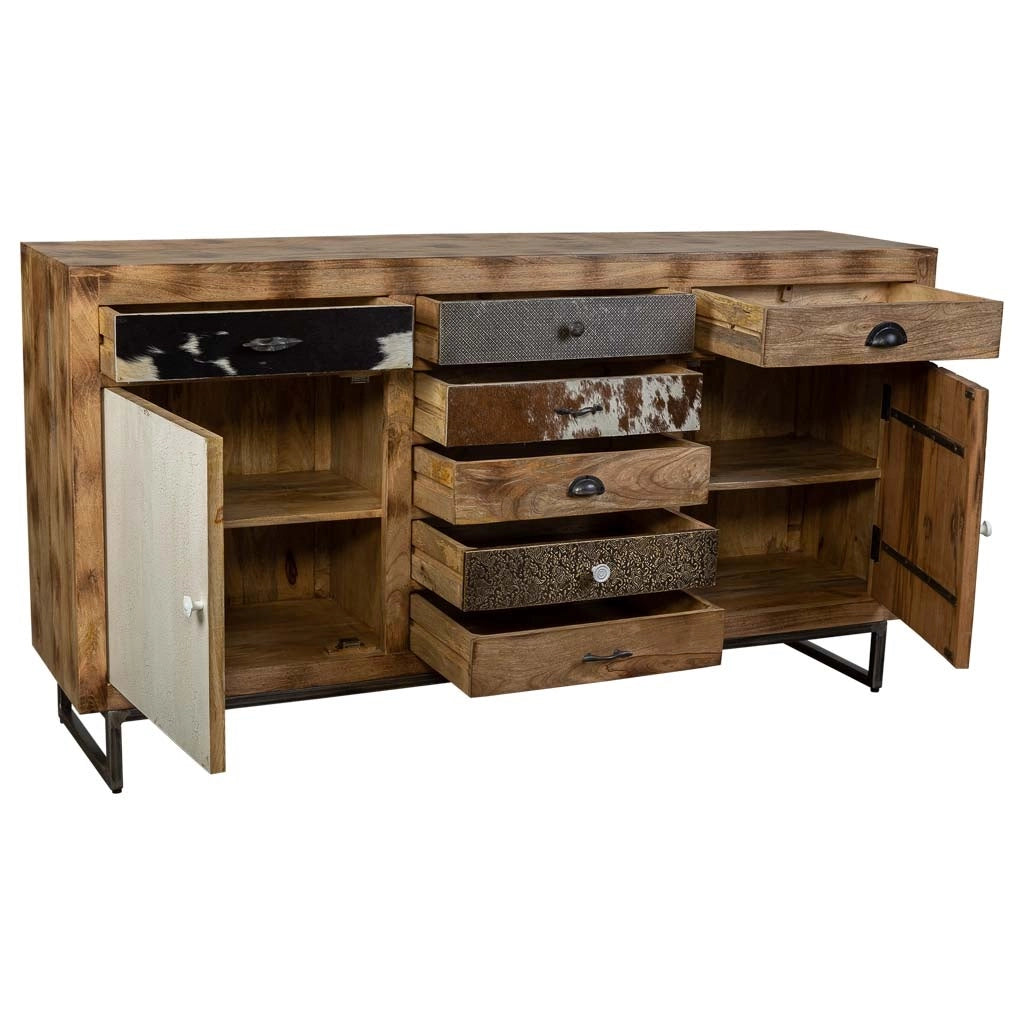 Credenza in legno e finiture in pelle marrone 180x47x95h