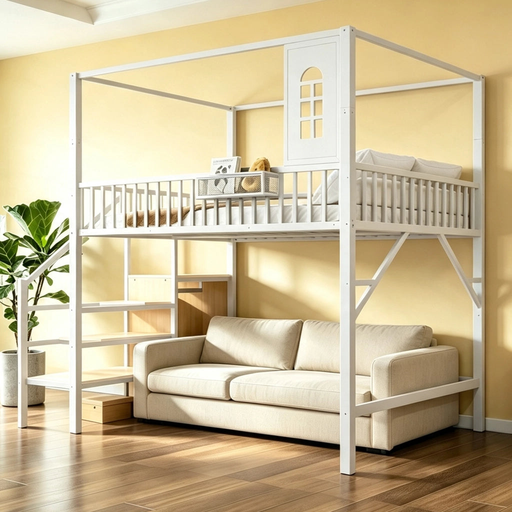 Letto a soppalco in metallo con struttura superiore e scala, 140x200 cm