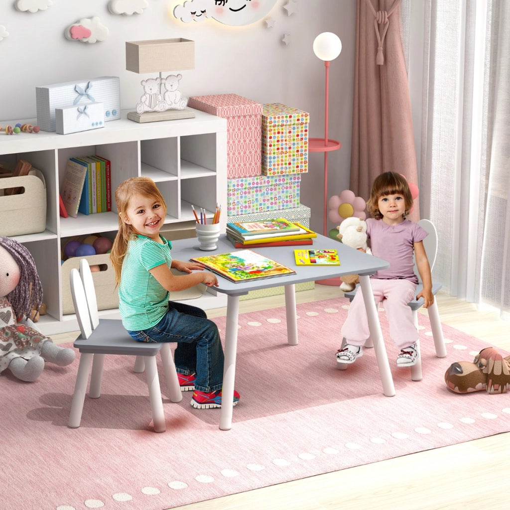 Set tavolo sedie per bambini 3 pezzi per arte e organizer per giocattoli, Tavolo e 2 sedie a coniglio gambe e scaffale multilivello-Per i bambini