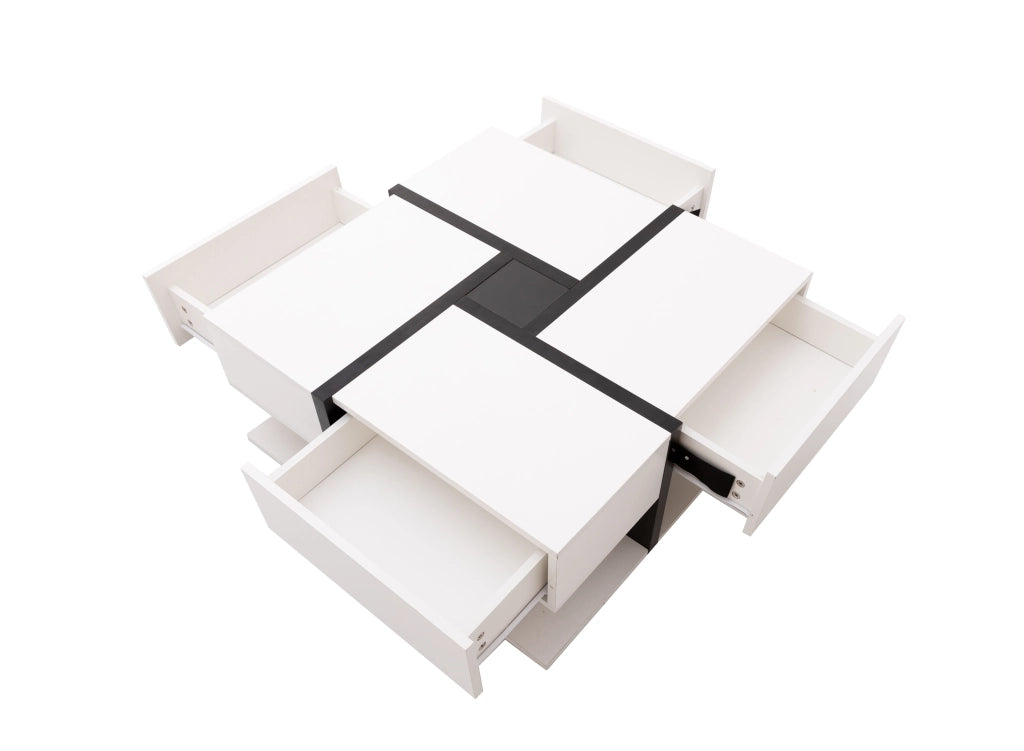 Tavolino da salotto quadrato con 4 Cassetti e Ripiano inferiore; Finitura Lucida; in Pannelli di particelle; 78 × 78 × 36 cm; Bianco