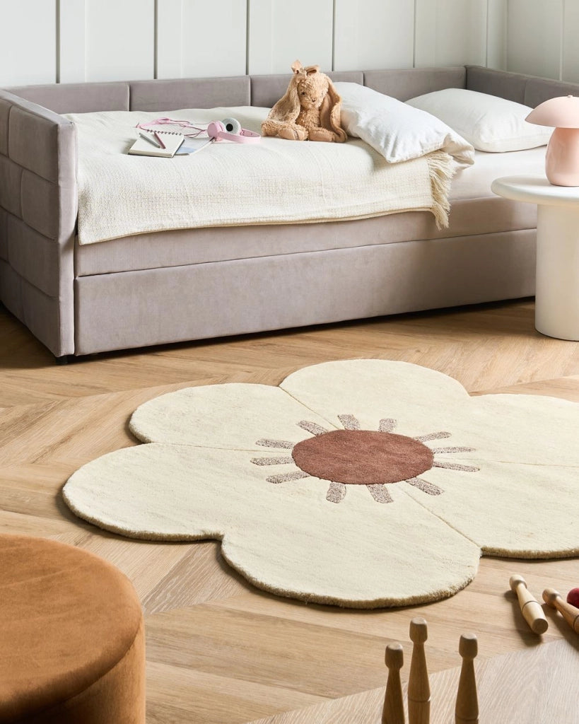 Tappeto rotondo in lana beige 140 cm tuftato a mano con motivo floreale