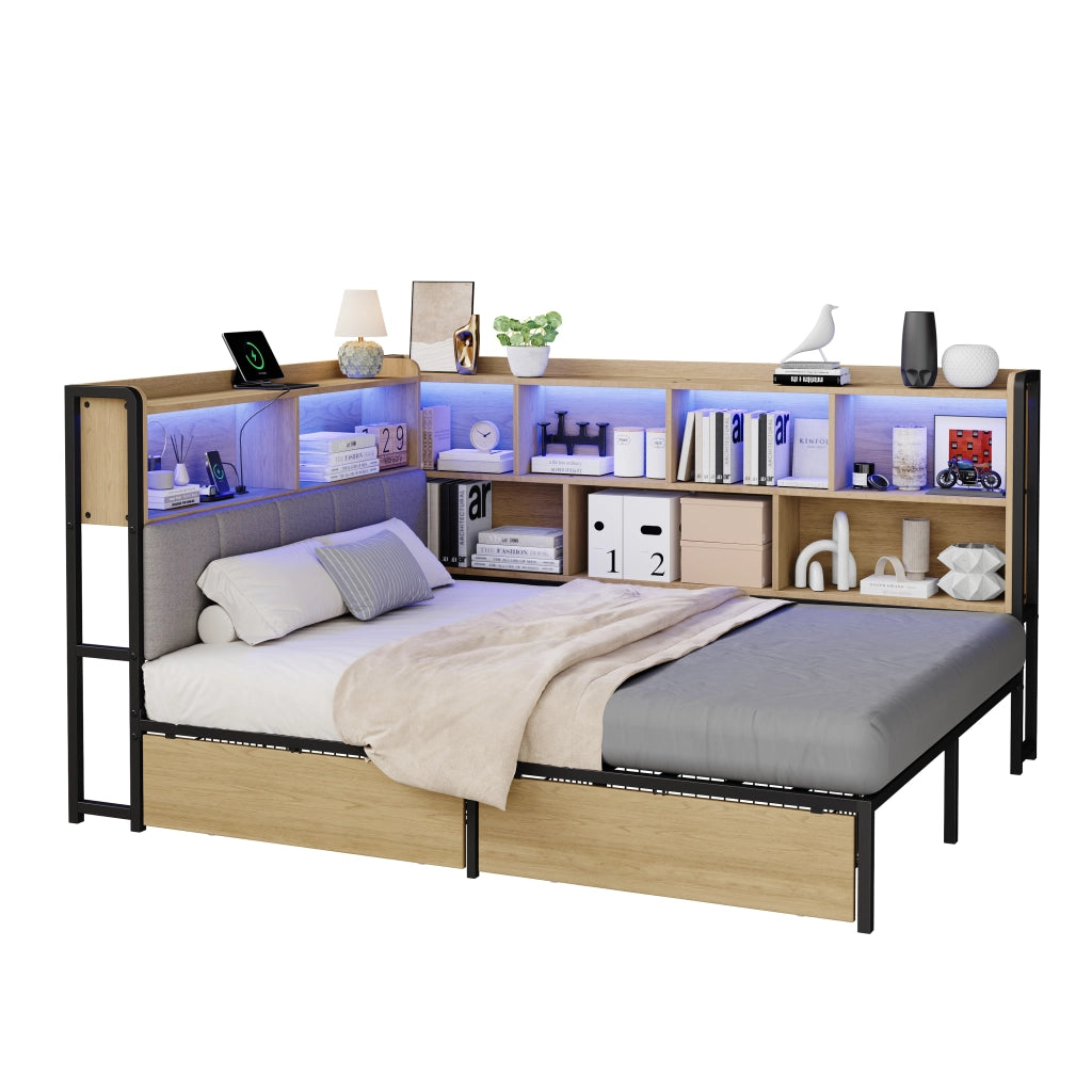 Letto Imbottito con LED, USB, Cassetti e Rete a Doghe in Metallo ¨C MINIMAL ¨C 140x200