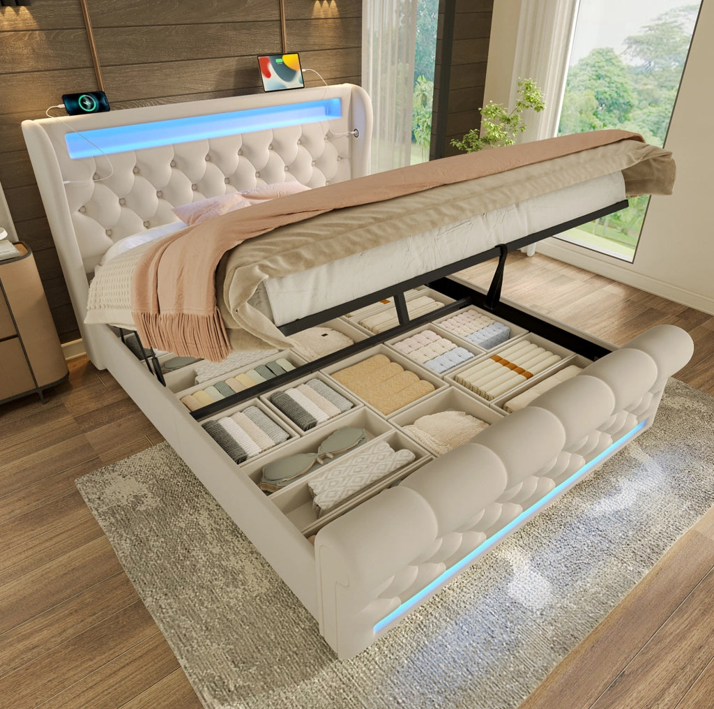 Letto matrimoniale 140x190 cm con LED, USB-C e vano contenitore