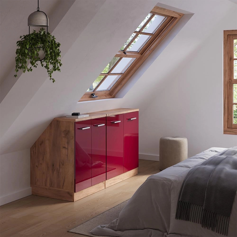 Set di mobili sottotetto Rion, Rosso lucido, 140 cm Set di 2 carcasse armadio profondità 60 cm, adatto per il salvaspazio sotto tetti spioventi