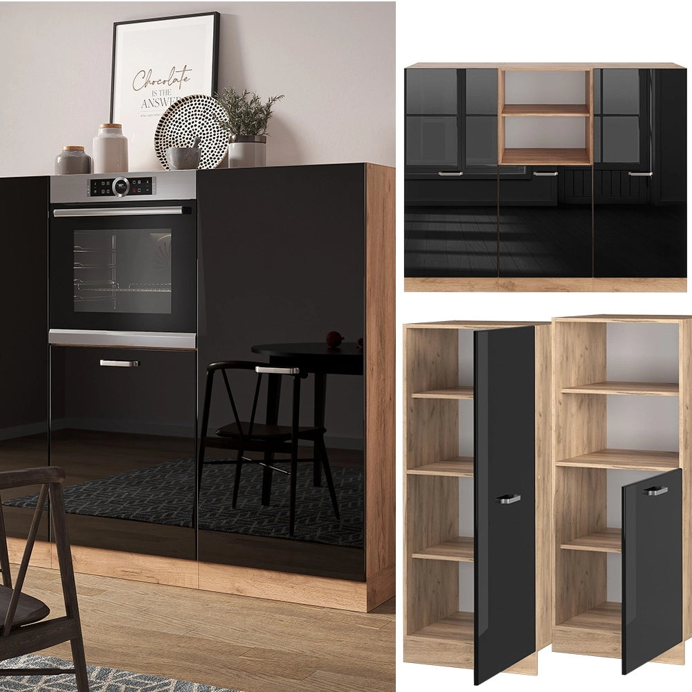 Cucine componibili piccole R-Line Nero lucido/Rovere dorato 180 cm senza piano di lavoro Vicco