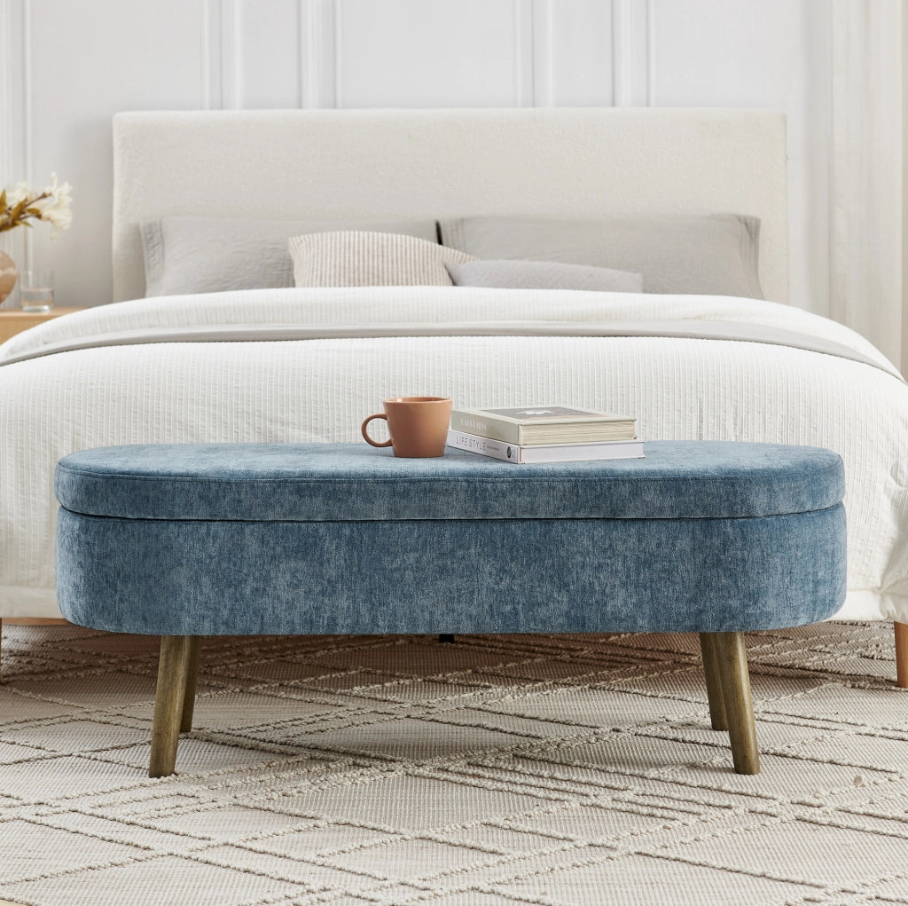 Panca contenitore ovale in ciniglia blu 110x40x42 cm