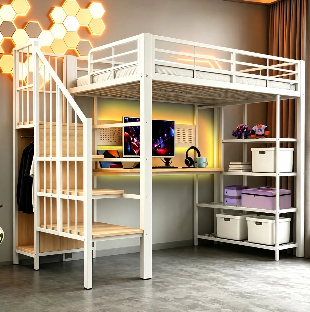 Letto a soppalco 90x200 cm con scrivania, LED e prese
