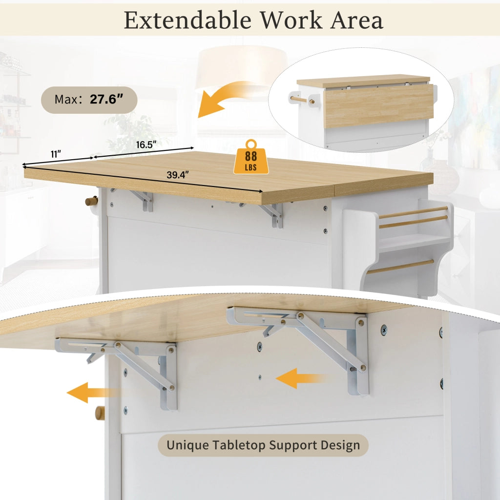 Carrello da cucina con 2 ante; cassetti; piano ribaltabile; portaasciugamani e portabicchieri; in MDF; 100 x 42-70 x 91;5 cm