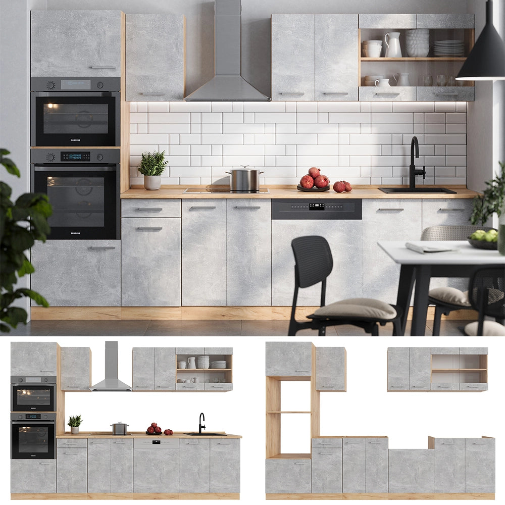Vicco Cucina componibile Calcestruzzo/quercia dorata 300 cm con armadio alto, PL Marmo