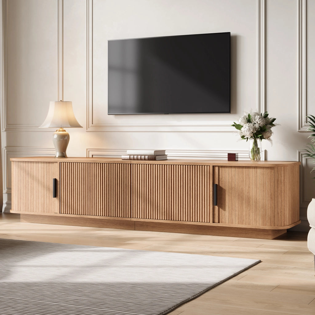 Mobile porta TV con LED, 2 cassetti e 2 ante scorrevoli, per soggiorno, in MDF e PB, naturale, 180 × 40 × 40 cm