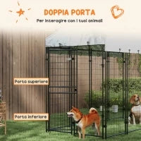 Recinto per Cani da Esterno con Tetto e Porta a 2 Sezioni in Metallo, 239x121x183cm, Argento