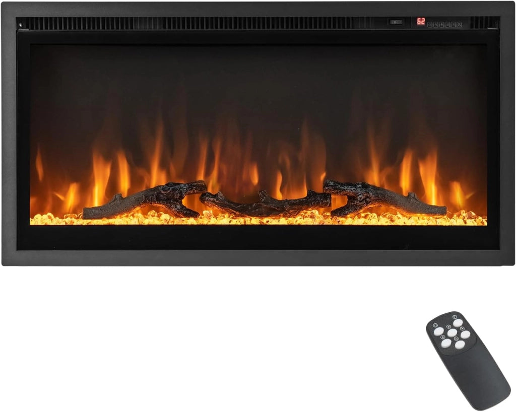 Camino Elettrico 750W/1500W, Caminetto Elettrico con Effetto Fiamma LED a 9 Colori, 5 Livelli di Luminosità,18-28℃, Protezione Anti Surriscaldamento, Telecomando (91,44 x 14,2 x 45 CM)