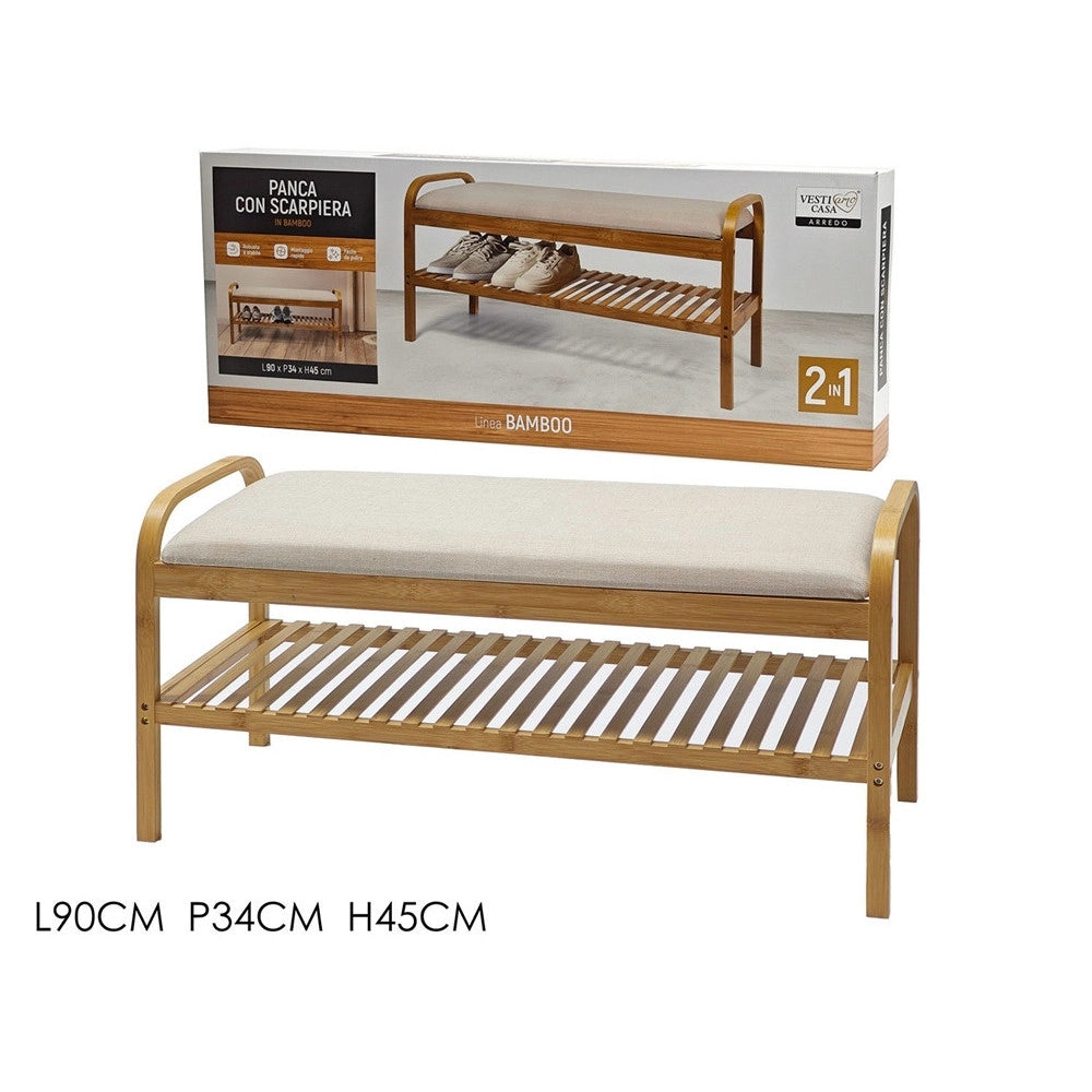 Trade Shop - Panca Con Scarpiera In Bamboo 2in1 Multifunzionale H45x90x34cm Ingresso Camera Corridoio -
