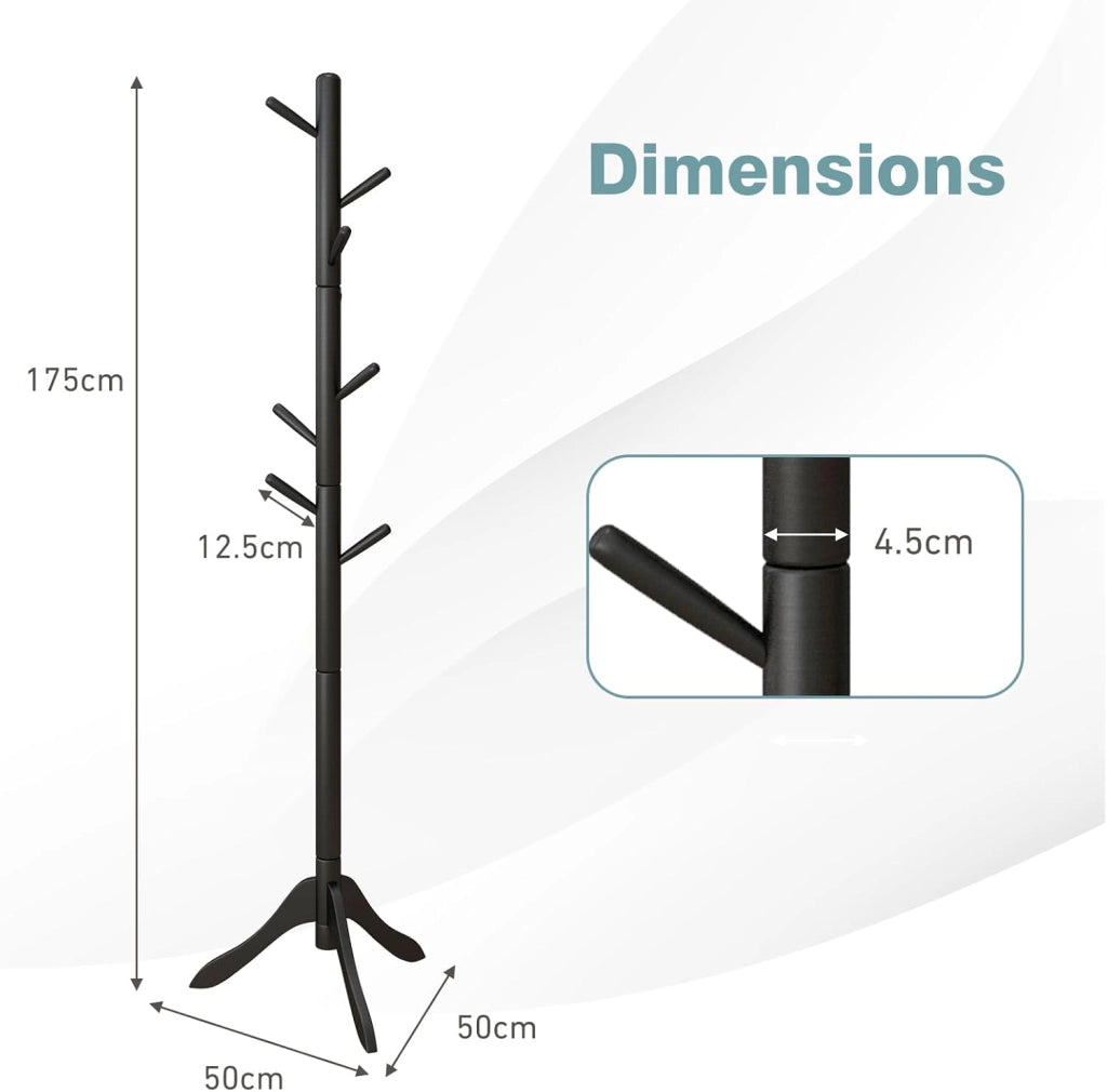 Appendiabiti da Terra con 8 Ganci In Legno di Gomma, Appendiabiti da Ingresso Stabile con Base a 3 Gambe, 177x49x49 cm per Corridoio, Camera da Letto, 3 Colori