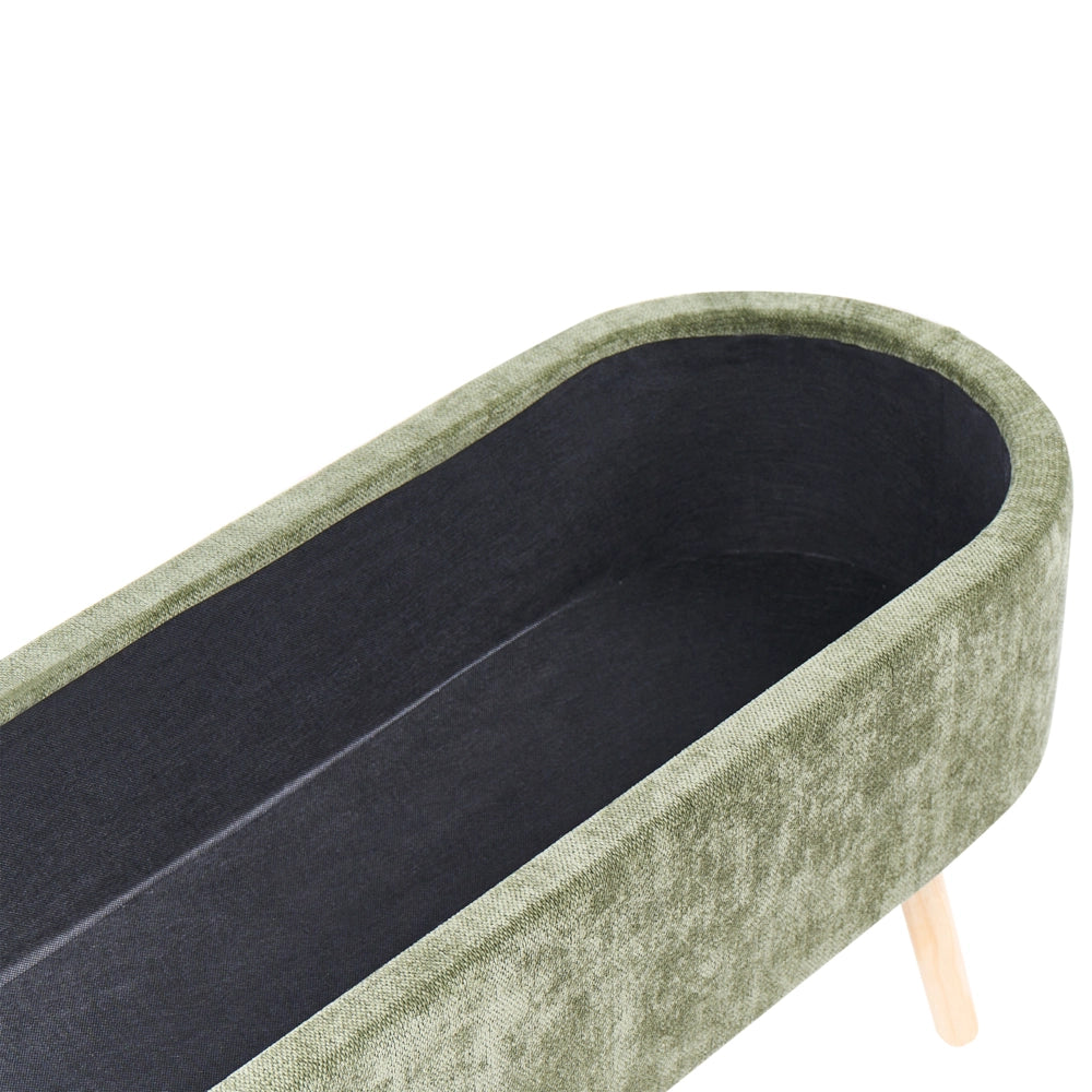 Panca in tessuto cinigliato verde con gambe in legno di pino e contenitore per camera da letto, soggiorno e accessori